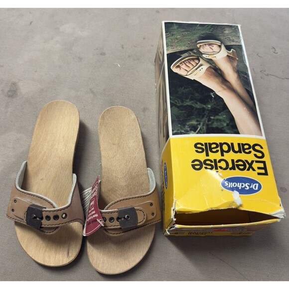 Vtg 80s Dr Scholl Wooden Exercise Sandal Clog Made in Austria Blue Women's 5 NWB - Picture 1 of 9